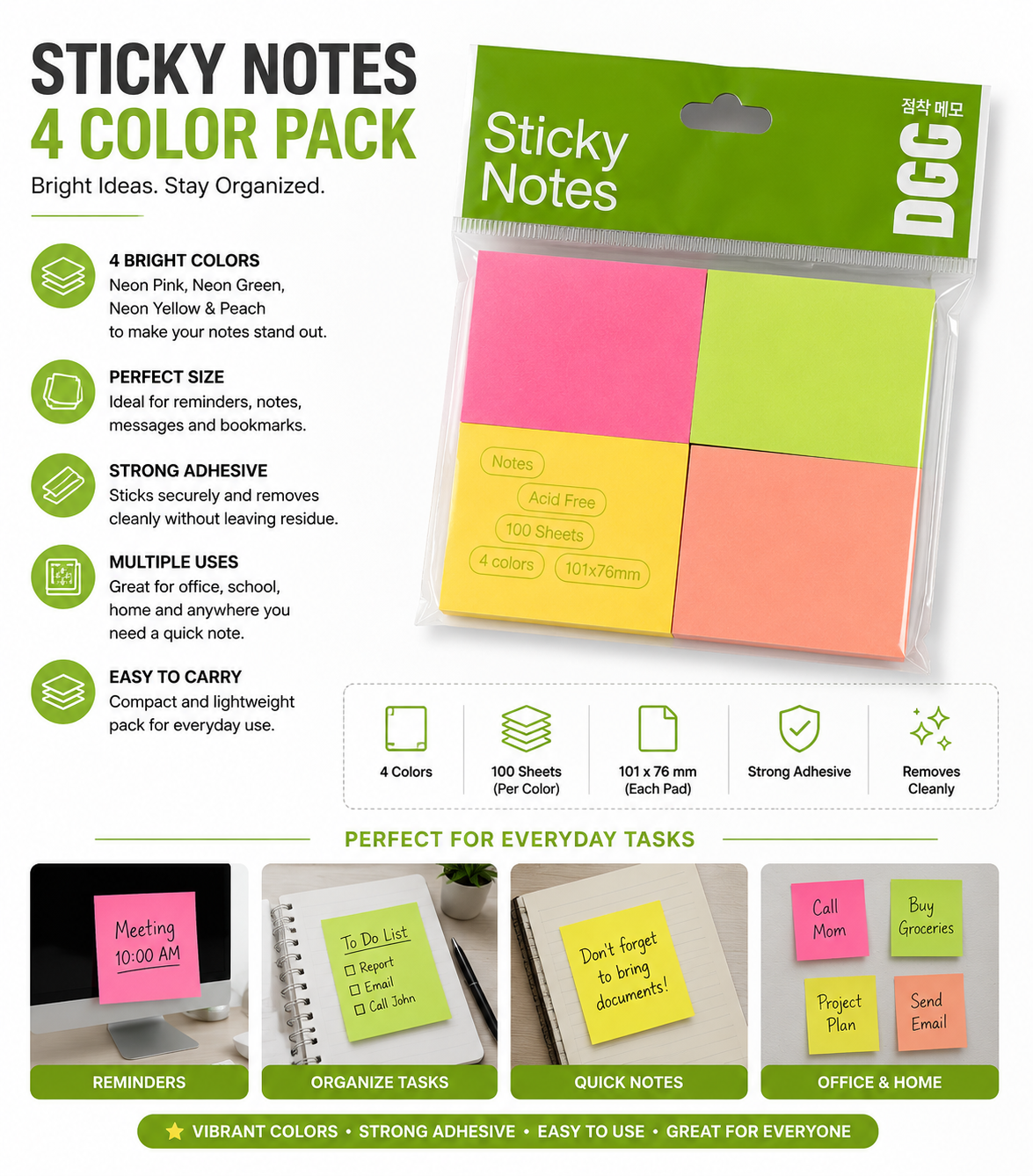 Sticky Notes 4 Color Pack – Neon Pink, Green, Yellow & Peach Memo Pads