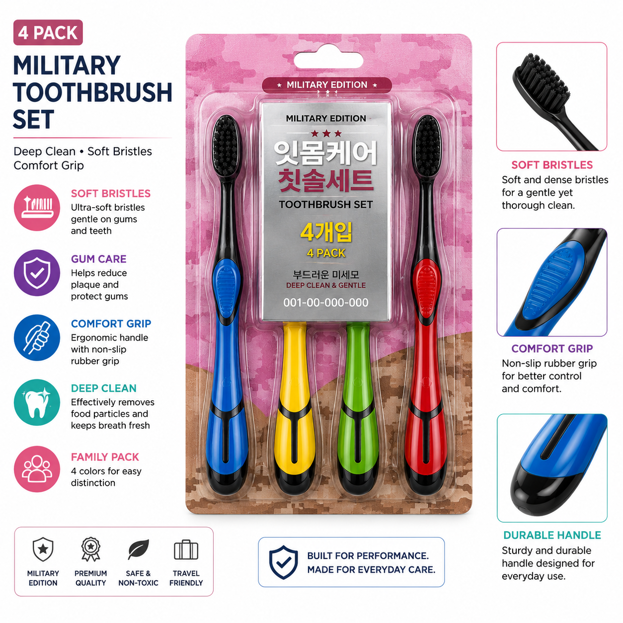 4 Pack Soft Bristle Toothbrush Set