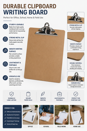 Hardboard Clipboard Writing Board with Metal Clip – Lightweight Portable Writing Surface