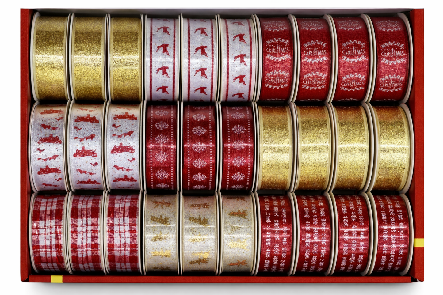 Christmas Themed Red, Golden & White Color Ribbons Collection - 3 yards long