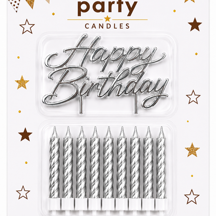 10ct Birthday Candles with Birthday Pick-Silver