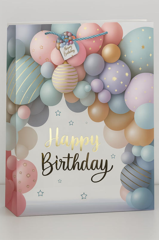 Jumbo Pastel Balloon Arch Happy Birthday Gift Bag with Gift Tag. 40x31x12cm