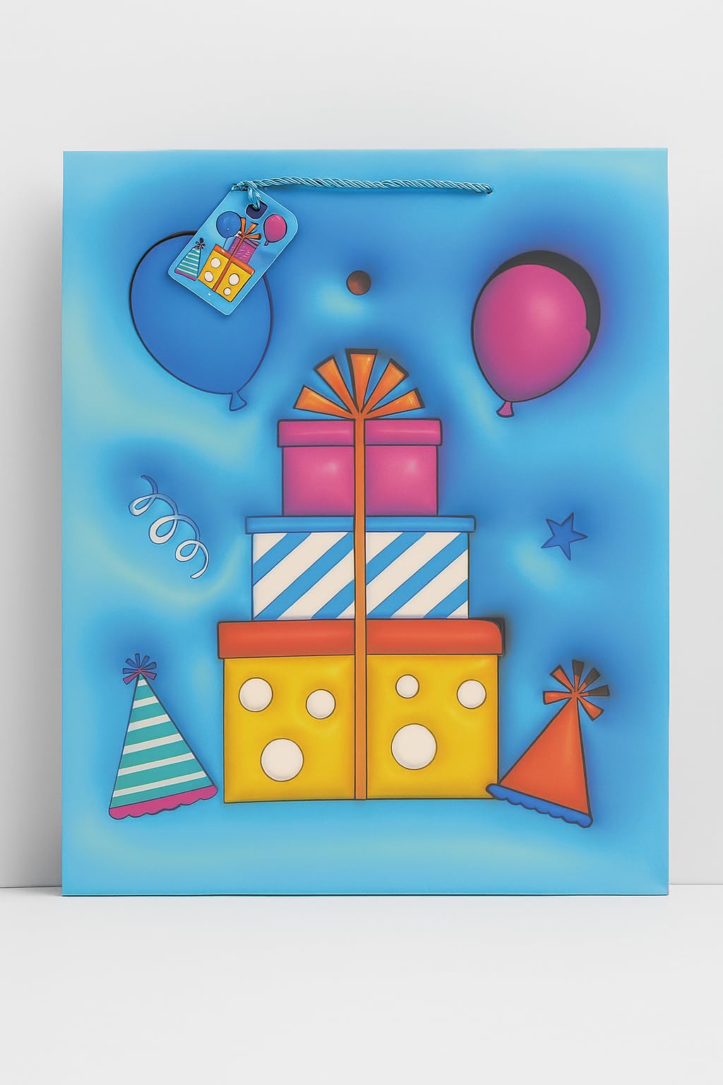 Jumbo Festive Blue Stacked Birthday Presents Gift Bag with Tag.40x31x12cm