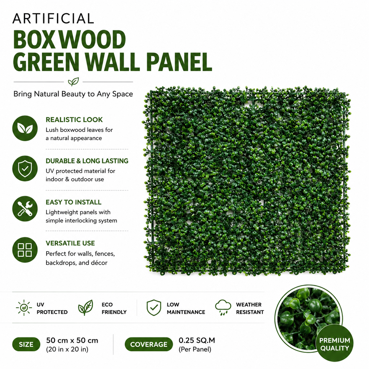 Artificial Boxwood Green Wall Panel 50x50cm