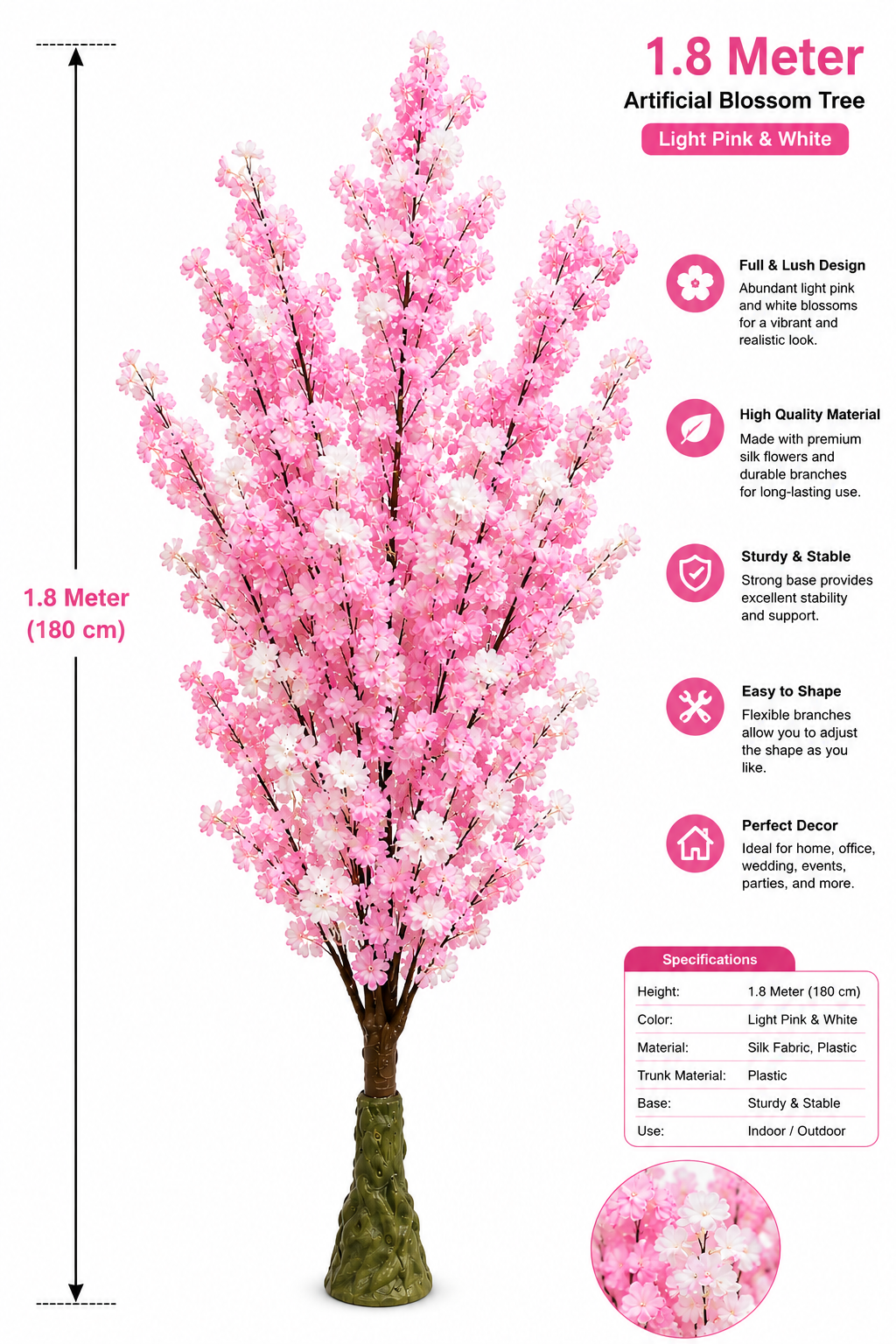 1.8M Artificial Cherry Blossom Tree – Light Pink & White