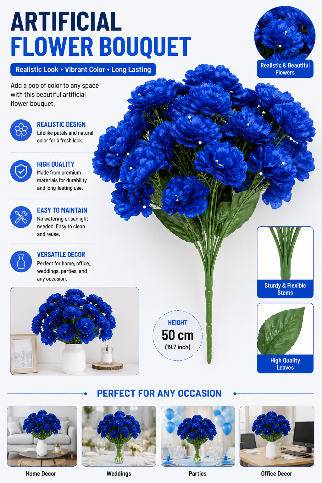 Artificial Blue Flower Bouquet 50cm