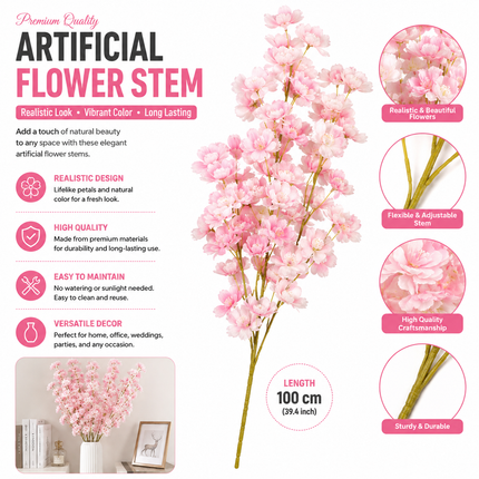 100cm Artificial Cherry Blossom Flower Stem – Light Pink
