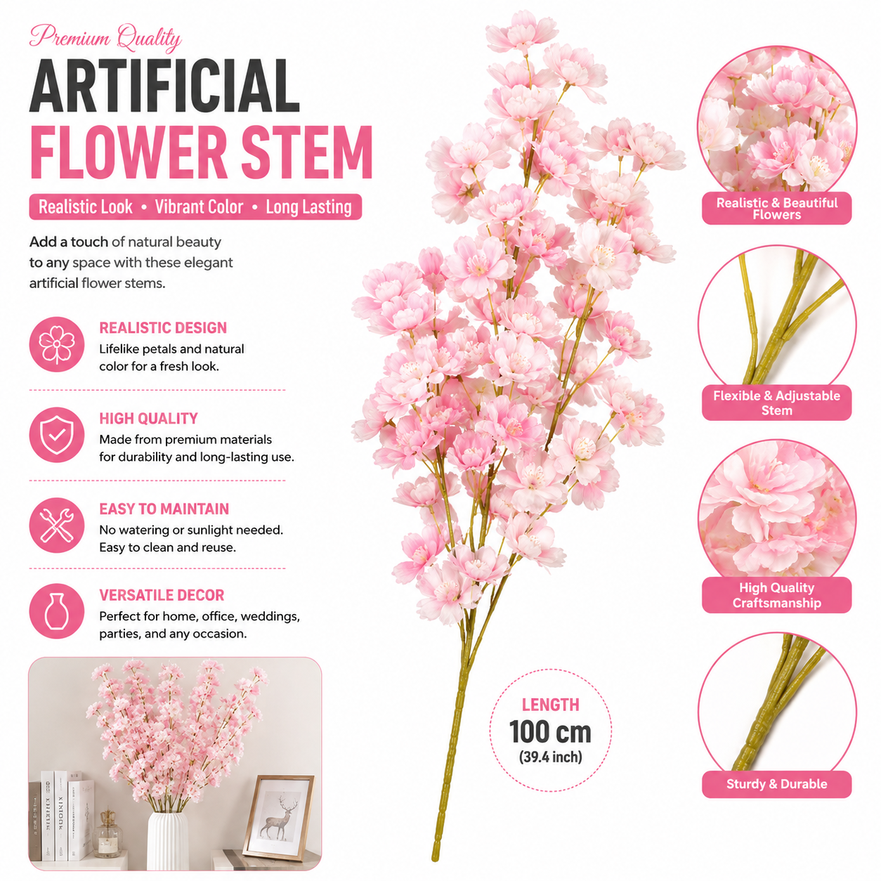 100cm Artificial Cherry Blossom Flower Stem – Light Pink