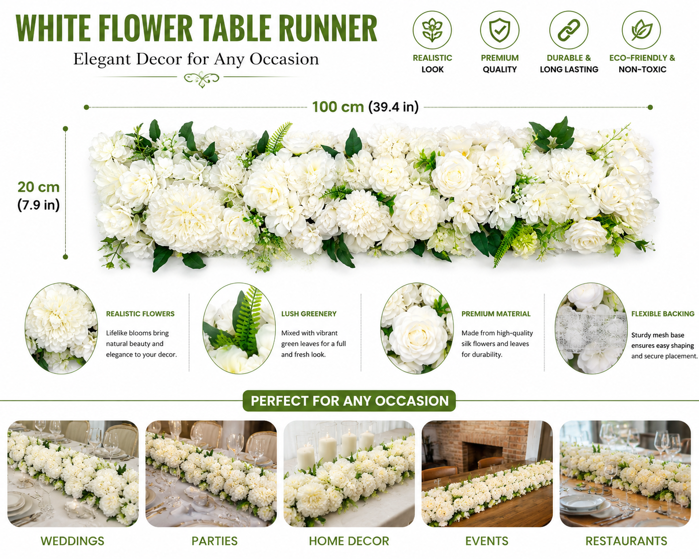Artificial White Flower Wall Panel 100x20cm