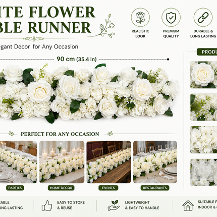 Artificial White Rose Flower Wall Panel 90x20cm