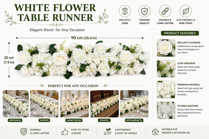 Artificial White Rose Flower Wall Panel 90x20cm