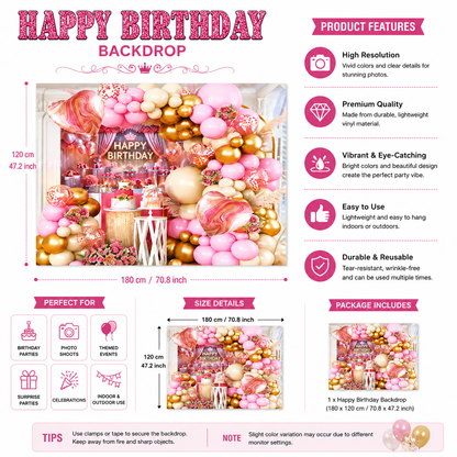 Happy Birthday Party Backdrop Banner 180x120cm – Pink & Gold