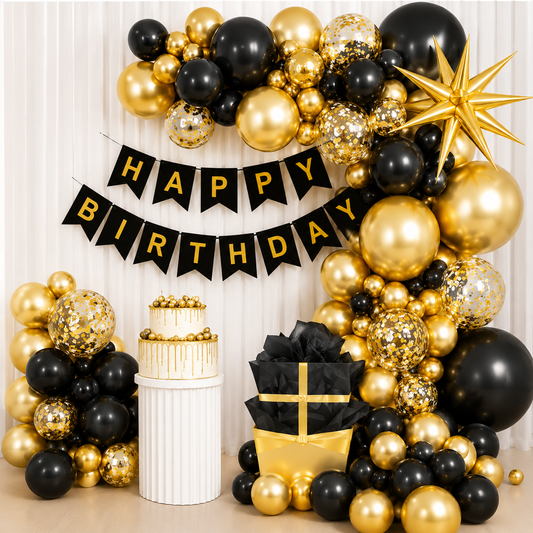 Black Gold Happy Birthday Balloon & Backdrop Banner