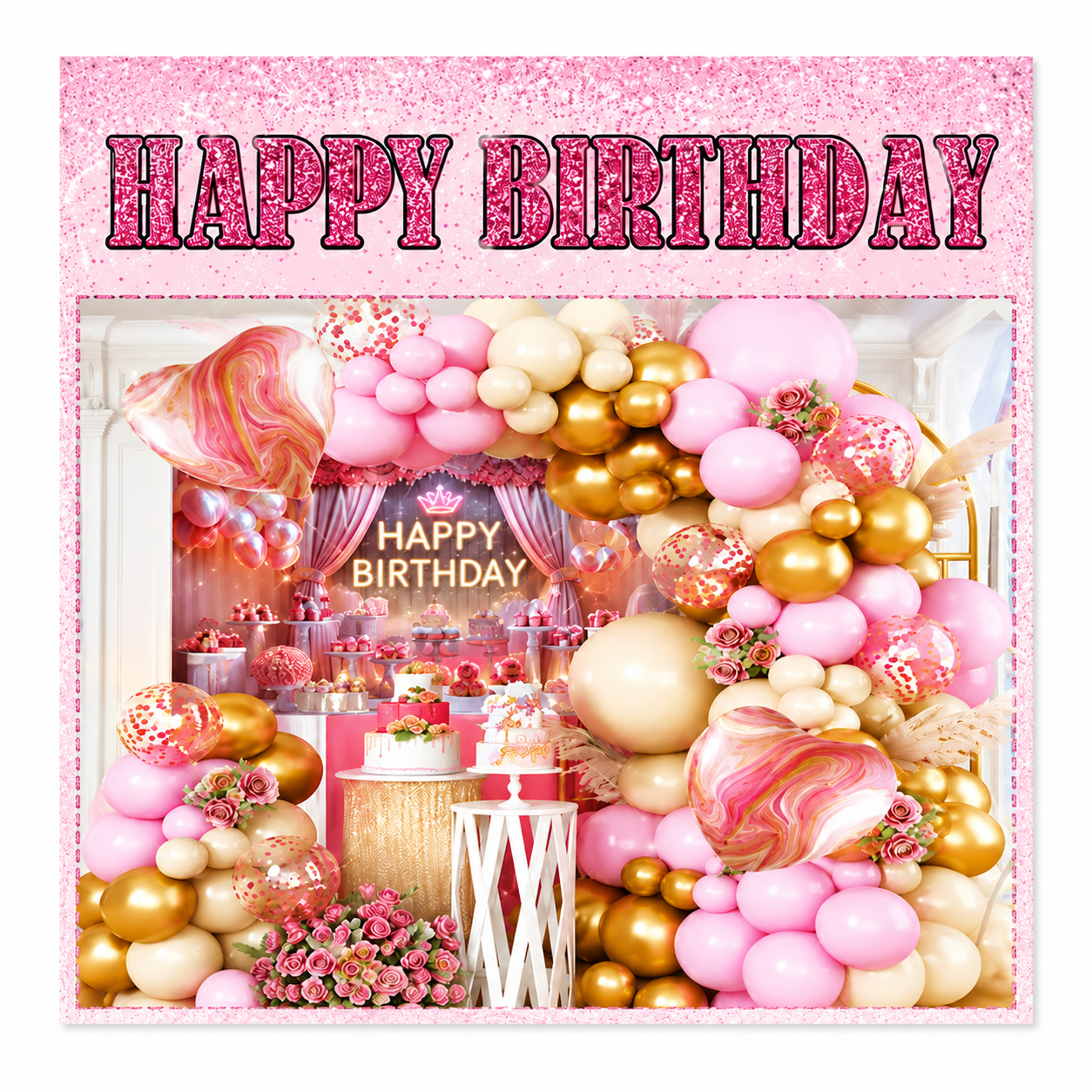 Happy Birthday Party Backdrop Banner 180x120cm – Pink & Gold