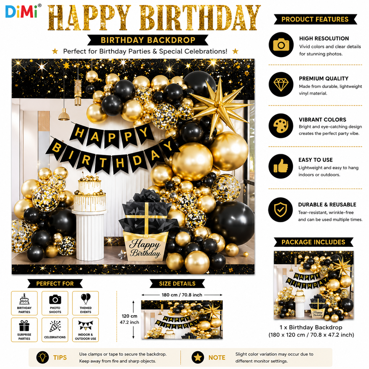 Black Gold Happy Birthday Balloon & Backdrop Banner