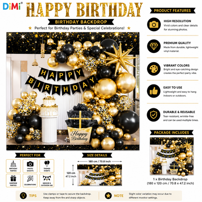 Black Gold Happy Birthday Balloon & Backdrop Banner