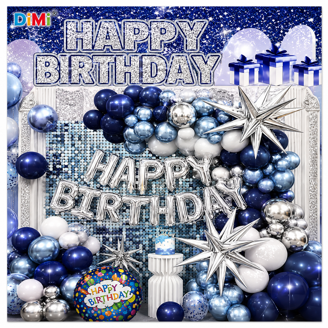 Happy Birthday Blue Silver Balloon Theme Party