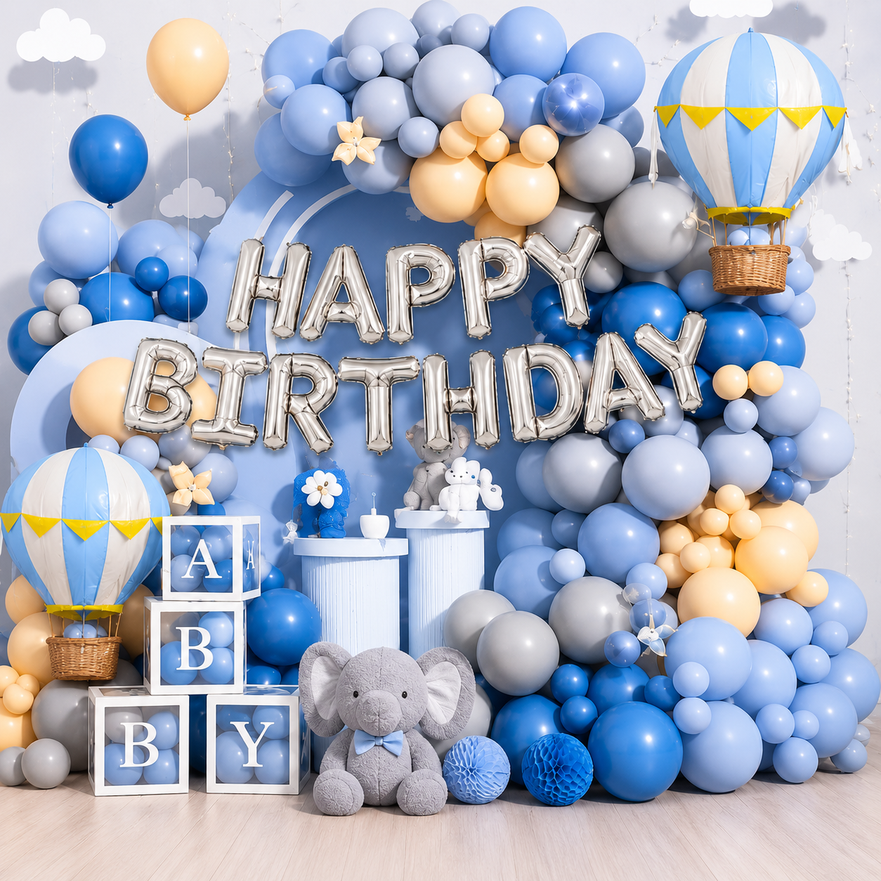 Happy Birthday Party Backdrop Blue Balloon Theme