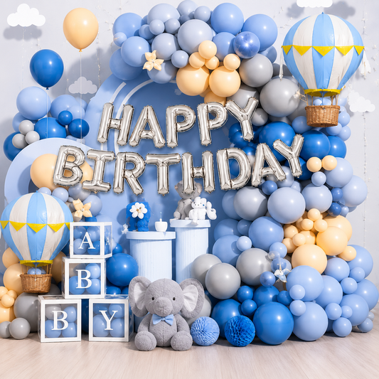 Happy Birthday Party Backdrop Blue Balloon Theme