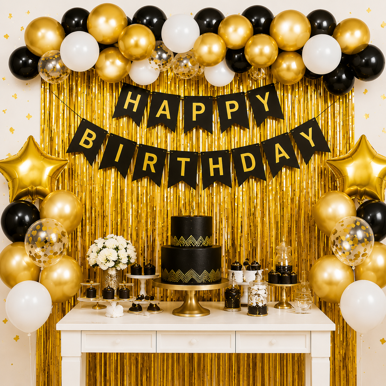 Happy Birthday Backdrop Black Gold Balloon Theme Party
