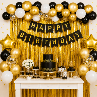 Happy Birthday Backdrop Black Gold Balloon Theme Party