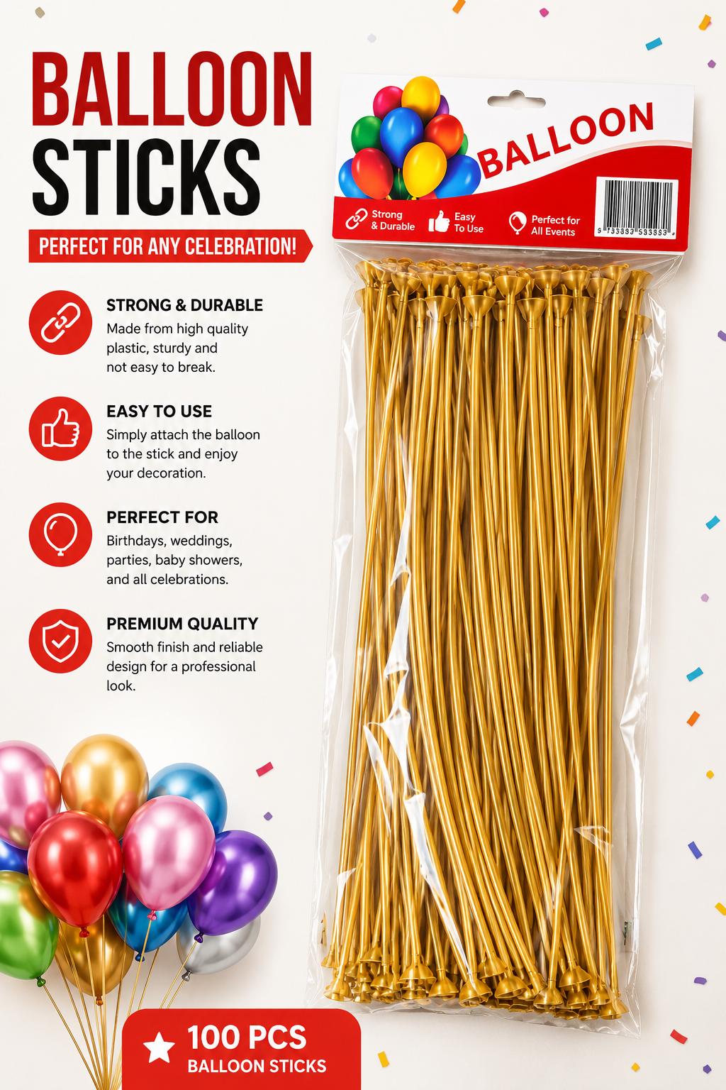 100 PCS Gold Balloon Sticks