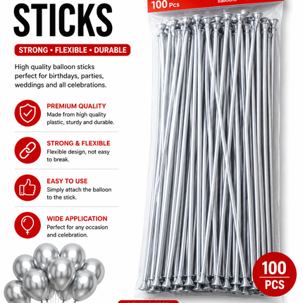 100 PCS Silver Balloon Sticks