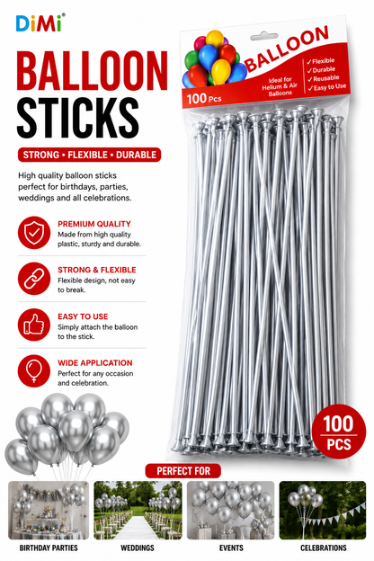 100 PCS Silver Balloon Sticks