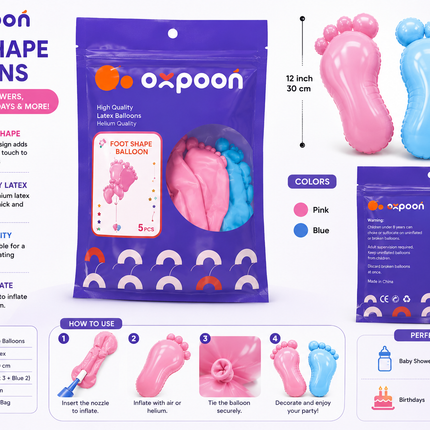 Foot Shape Balloons 5PCS Pink Blue Baby Shower