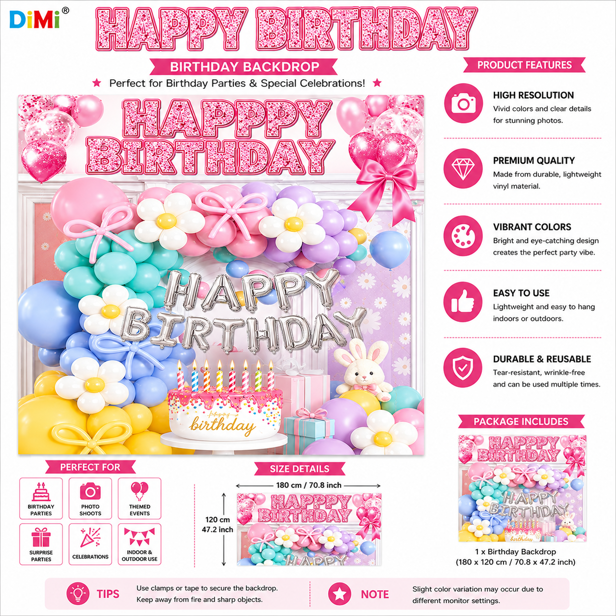 Pastel Pink Happy Birthday Backdrop Banner with Balloon Theme