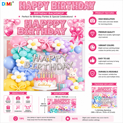 Pastel Pink Happy Birthday Backdrop Banner with Balloon Theme