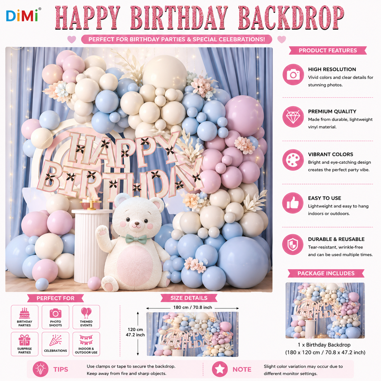 Happy Birthday Backdrop Pink Blue Balloon Theme Party