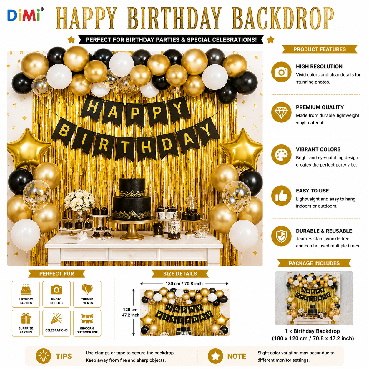 Happy Birthday Backdrop Black Gold Balloon Theme Party