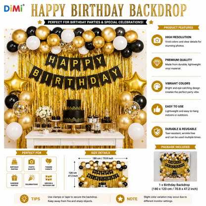 Happy Birthday Backdrop Black Gold Balloon Theme Party