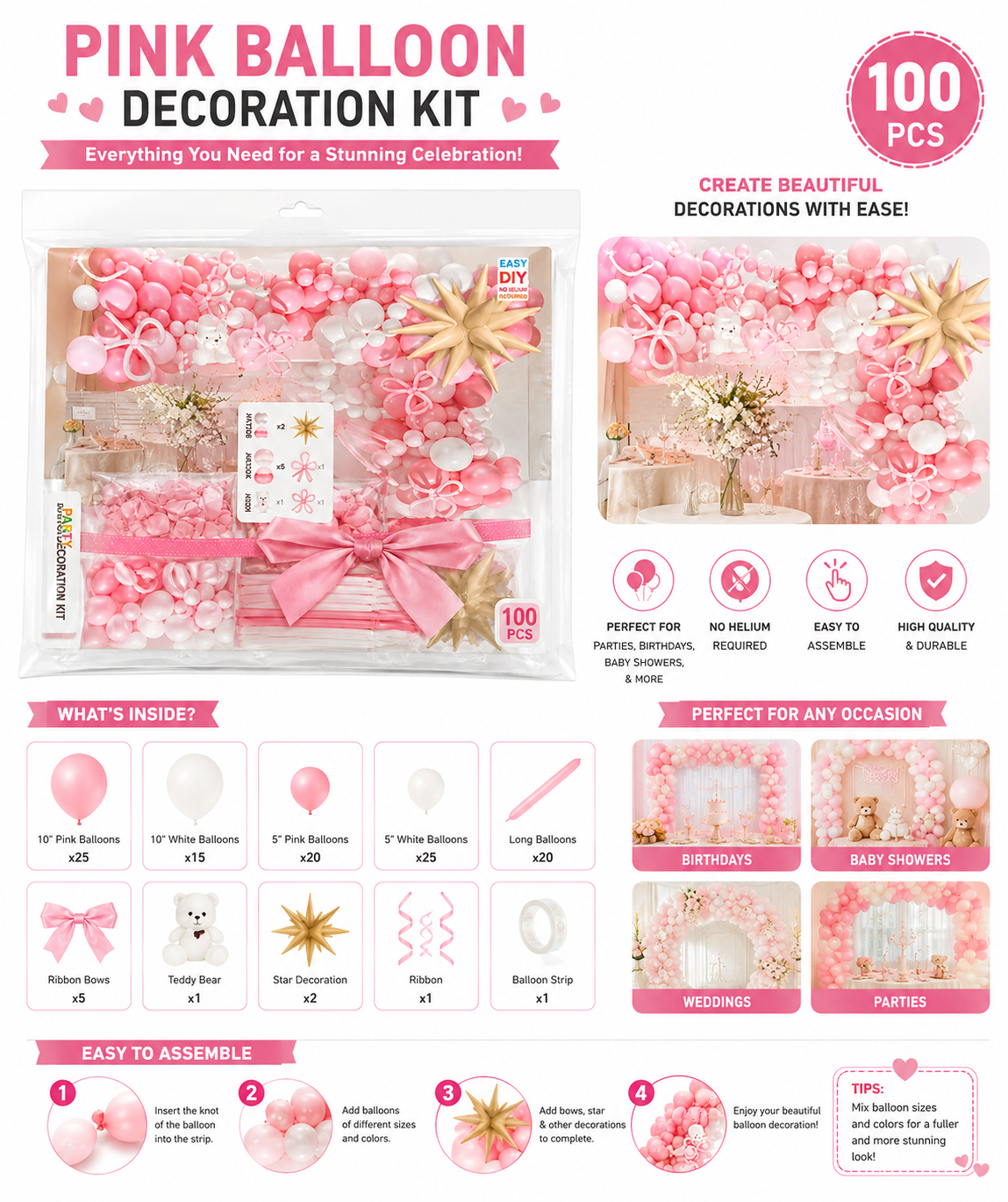 Pink Balloon Decoration Kit 100PCS
