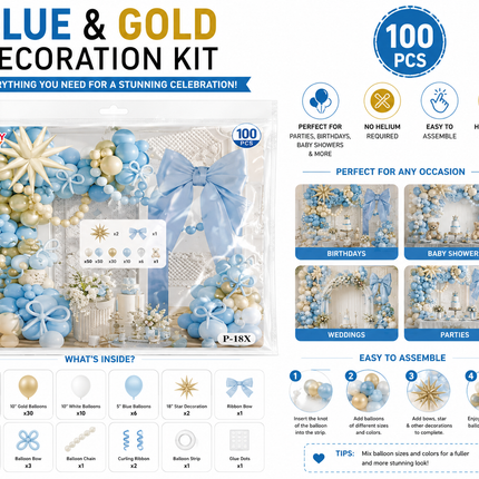 Blue & Gold Balloon Decoration Kit 100PCS