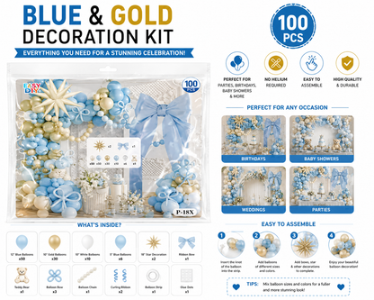 Blue & Gold Balloon Decoration Kit 100PCS
