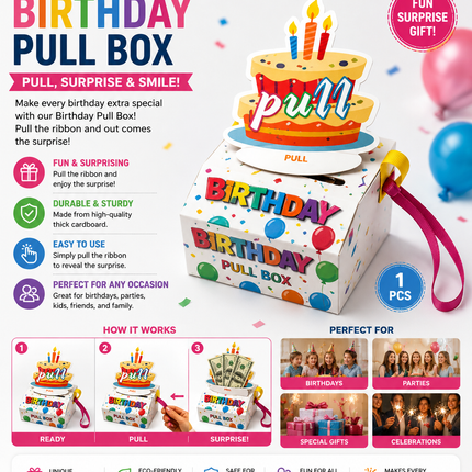 Birthday Pull Box Surprise Gift Box with Ribbon Pull Reveal