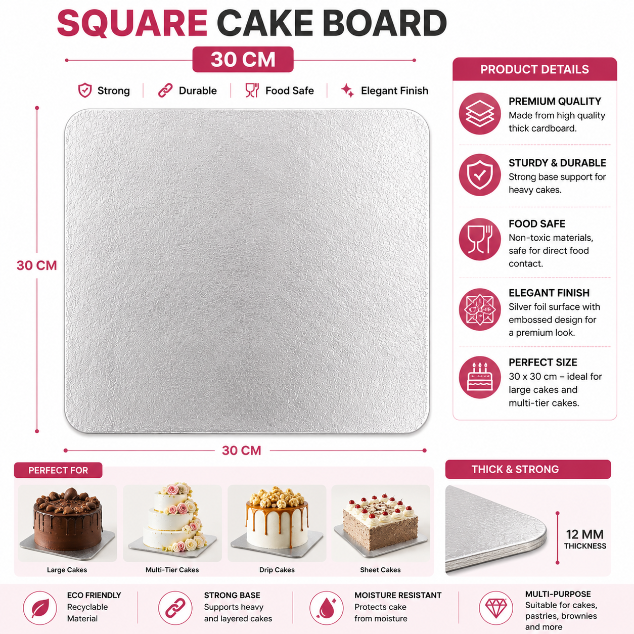 30 x 30cm Silver Square Cake Board