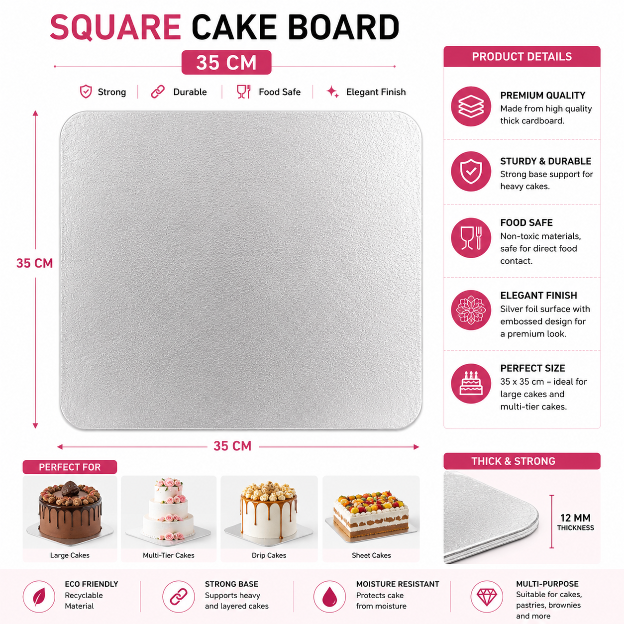 35 x 35cm Silver Square Cake Board