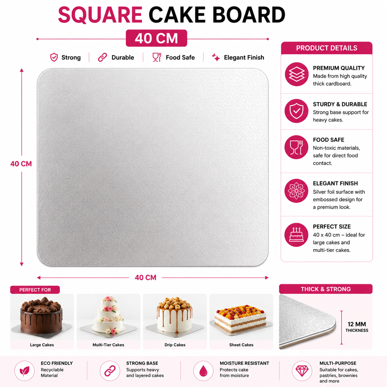 Square Cake Board 40cm Silver