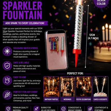 Birthday Silver Sparkler Fountain Candle 12cm