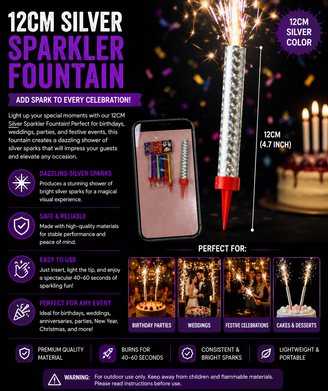 Birthday Silver Sparkler Fountain Candle 12cm