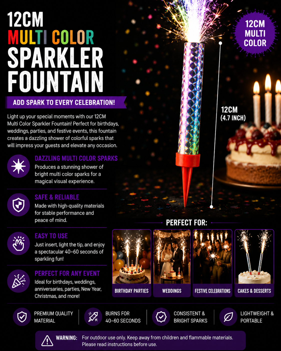 Birthday Rainbow Sparkler Fountain Candle 12cm