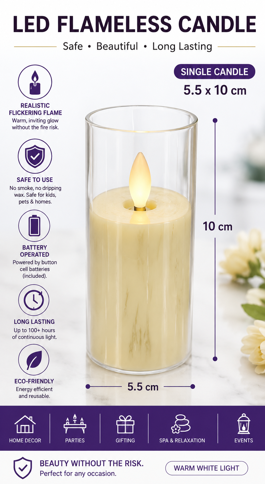 LED Flameless Candle Light with Glass Holder - 5.5 x 10 cm