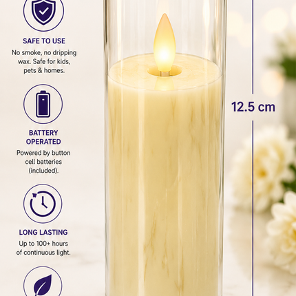 Decorative LED Candle in Glass Holder - 5.5 x 12.5 cm