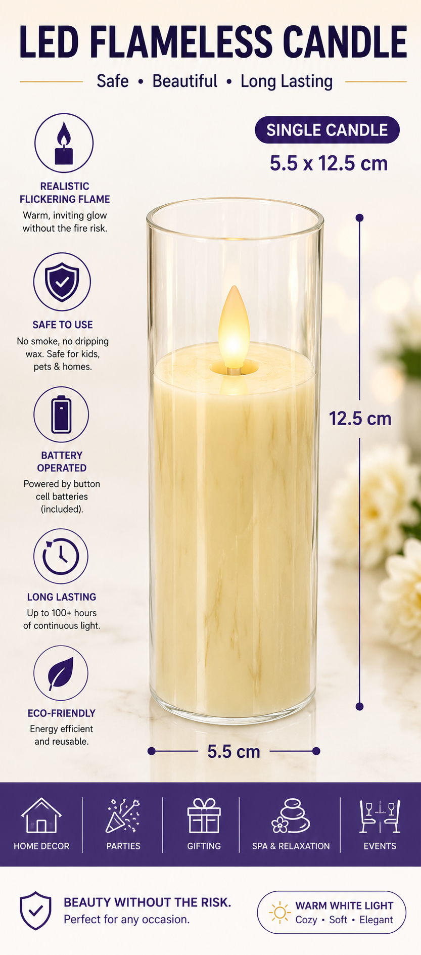 Decorative LED Candle in Glass Holder - 5.5 x 12.5 cm