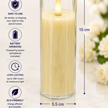LED Flameless Candle with Glass Holder 5.5 x 15 cm