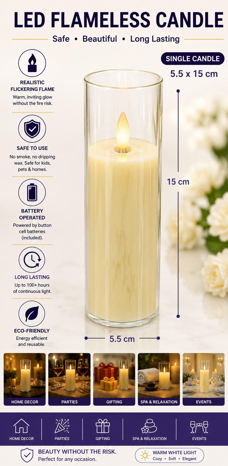 LED Flameless Candle with Glass Holder 5.5 x 15 cm