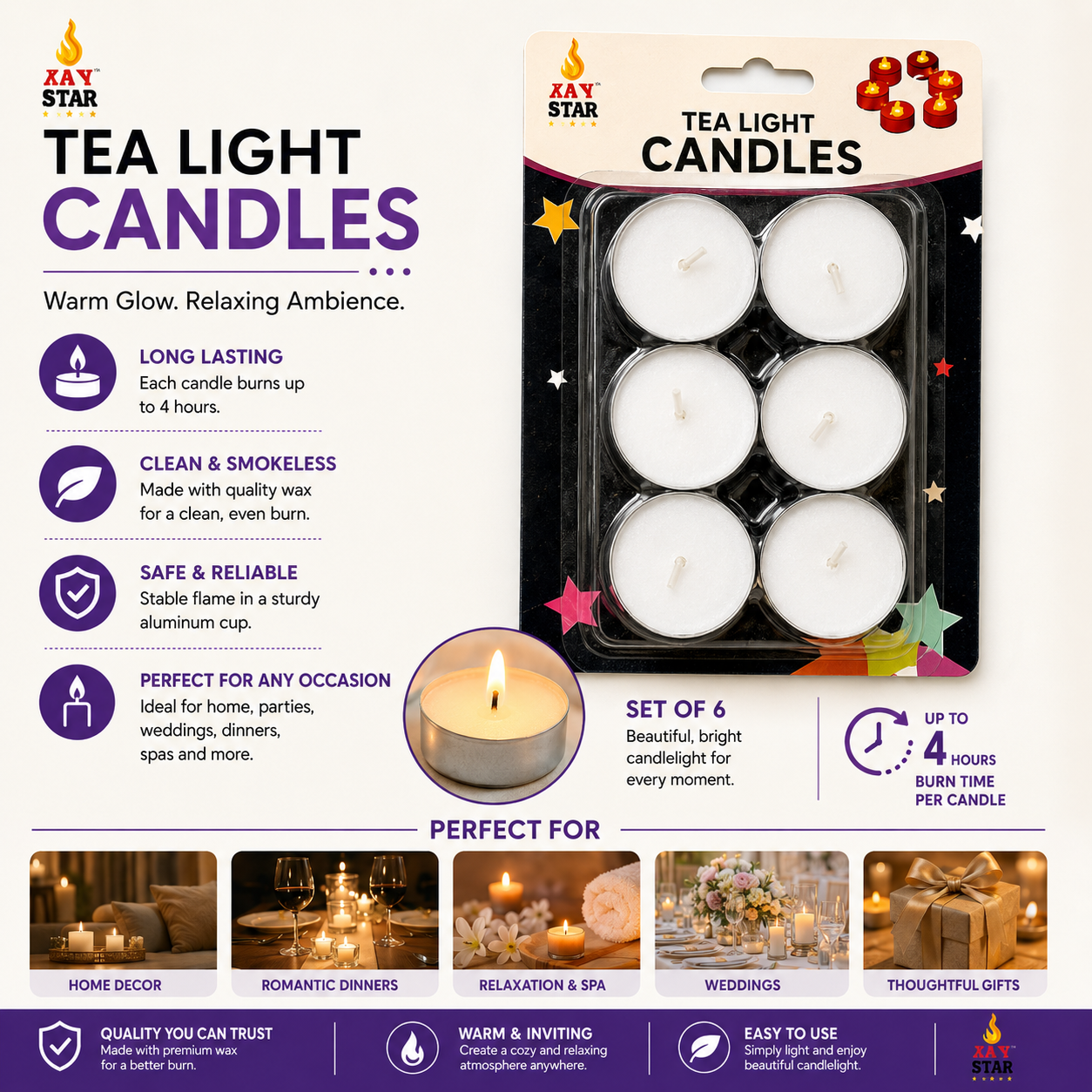 White Unscented Tealights Candles - 6 Pack